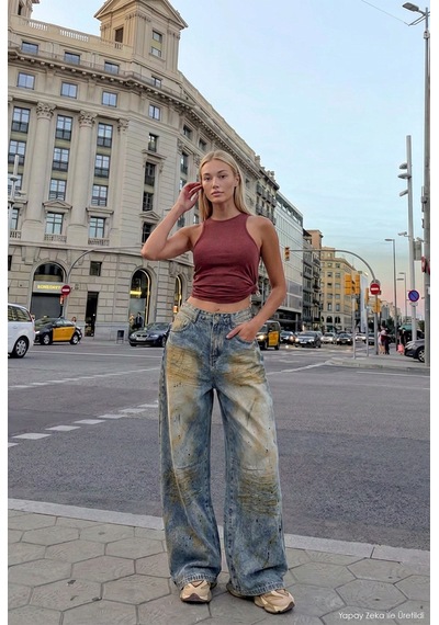 Kadın Kot Rengi Palazzo Fit T14t Özel Yıkama Tasarım Denim Jean Mavi
