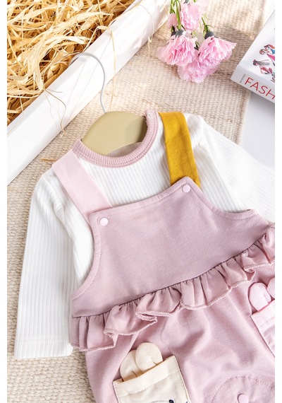 Baby Mod Tavşan Fiğürlü100% Pamuk Kız Bebek Salopet 2'li Tulum Gülkurusu