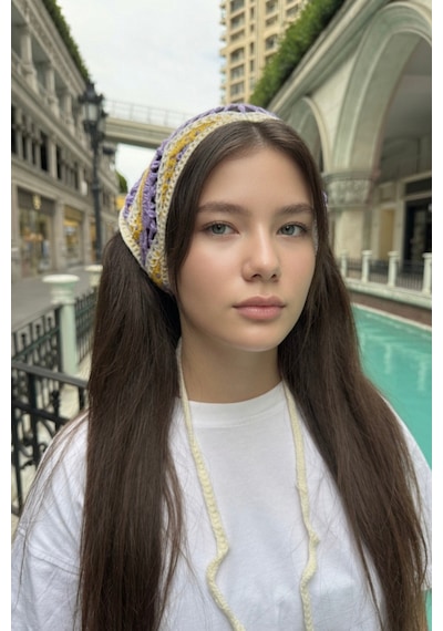 Kadın Bandana Lila Çizgili Triko Hair Band Kadın Retro Yazlık Saç Aksesuarı Lila