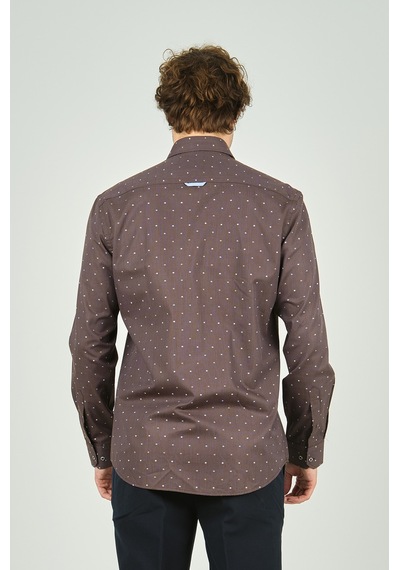 De Leone Erkek Slim Fit Desenli Uzun Kollu %100 Pamuk Gömlek 2045 Kahverengi Kahverengi