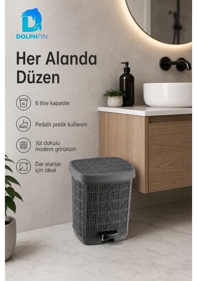 Jute Pedallı Çöp Kovası Kapaklı Banyo Mutfak Wc Ofis Atık Kovası 23x23x26 Cm Siyah
