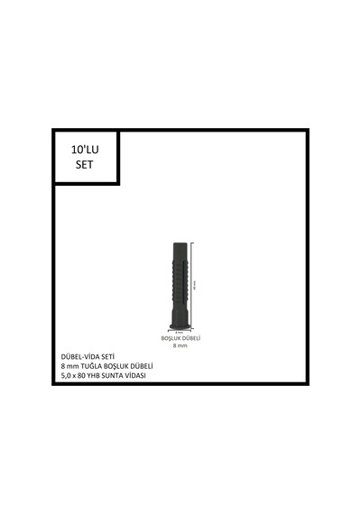 Dübel-vida Seti, Tuğla Boşluk Dübeli 8 Mm, 5,0x80 Yhb Sunta Vidası, 10 Adet