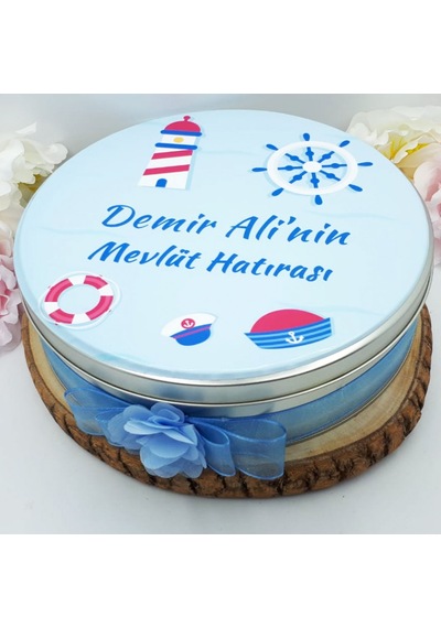 Denizci Konsept Yuvarlak Metal Kutulu Bebek Çikolatası Yuvarlak 50'li