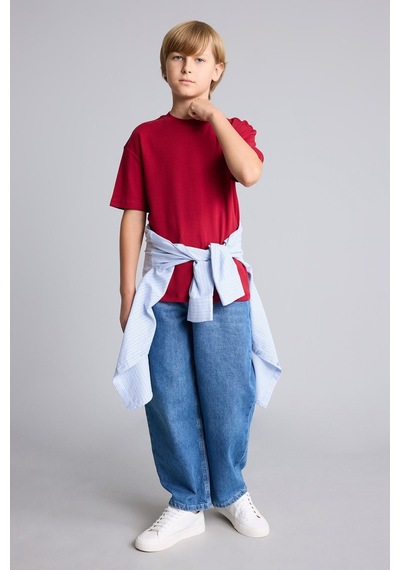 Defacto %100 Pamuk Oversize Bisiklet Yaka Kısa Kollu Basic Tişört Erkek Çocuk G6486a826aubr196 Bordo-br196