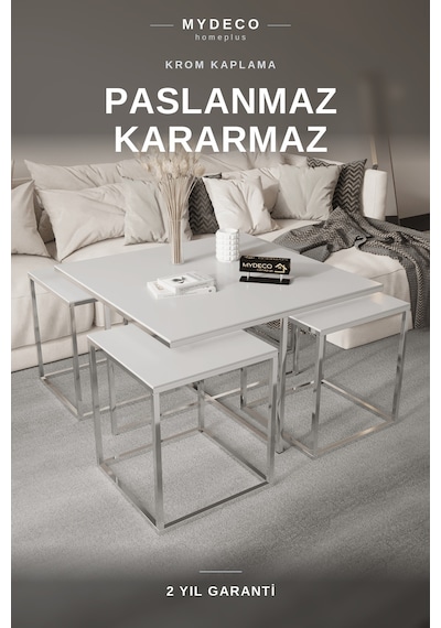 OTTOWA 5 PARÇA GOLD ZİGON SEHPA TAKIMI — BEYAZ MDF