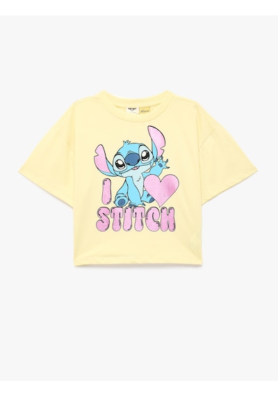 Koton Kısa Kollu Bisiklet Yaka Pamuklu Lisanslı Stitch Baskılı Tişört Sarı 6skg10496ak