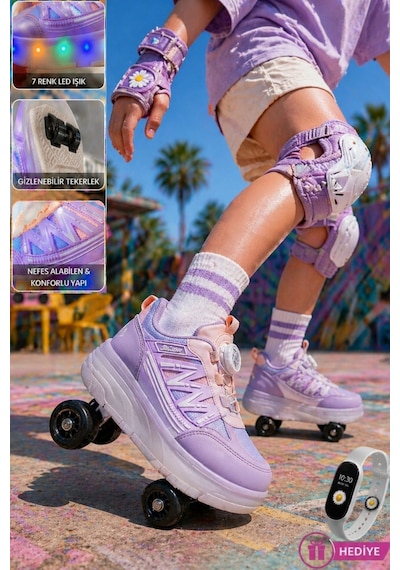 Muggo Sky Çocuk Işıklı Patenli Tekerlekli Sneaker Spor Ayakkabı Lila