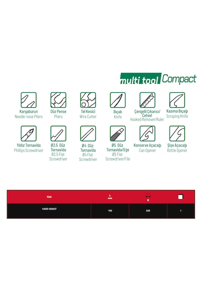 İzeltaş Elta Multi Tool Compact 12 Fonksiyonlu Katlanır Çok Amaçlı Pense El Aleti Paslanmaz Çelik 160 Mm Diğer