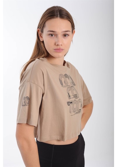 Maraton Sportswear Comfort Kadın Bisiklet Yaka Kısa Kol Basic Açık Vizon Crop Top 20880 Açık Vizon