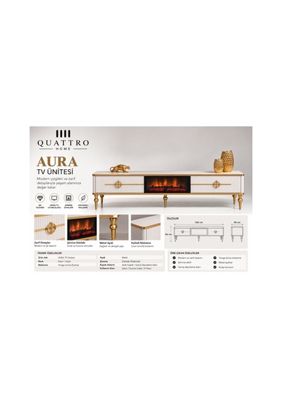 Aura Şömineli Tv Ünitesi Krem Gold Metal Ayaklı Modern Tasarım 160 Cm