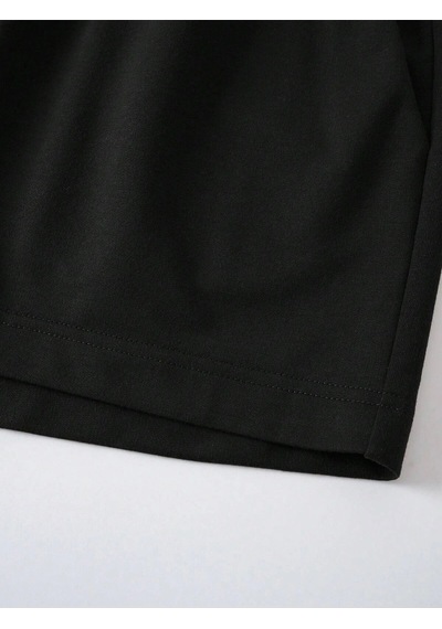 Bear Print Drawstring Waist Şort Siyah