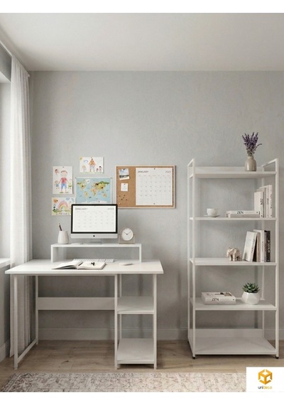 Vien 2 Set Kitaplıklı Masa Raflı Çalışma Masası 5 Raflı Kitaplık Monitör Yükseltici Beyaz - Beyaz Vien 2 Set Kitaplıklı Masa Raflı Çalışma Masası 5 Raflı Kitaplık Monitör Yükseltici Beyaz - Beyaz
