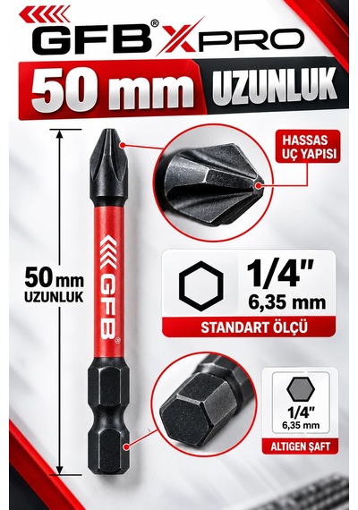 Gfb Xpro 10 Parça 50 Mm Anahtarlıklı Manyetik Tornavida Uç Seti 1/4" S2