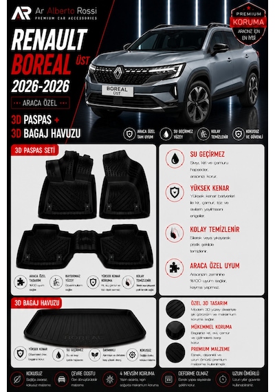 Renault Boreal Üst Kısım 2026-2026 Araca Özel 3d Paspas + 3d Bagaj Havuzu