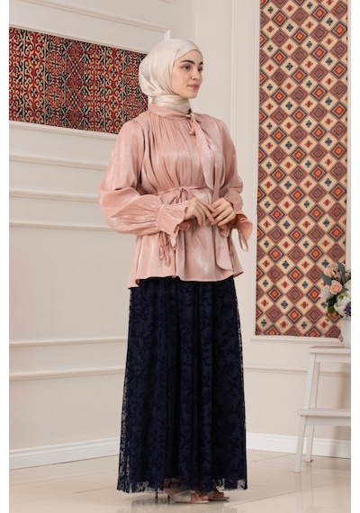Sevitli Kolu Volanlı Janjan Abiye Bluz-pembe-5767