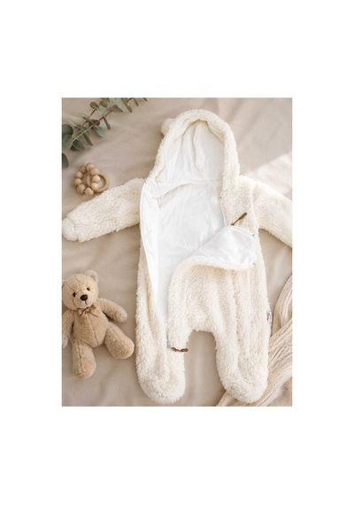 Omeca Concept Welsoft Peluş Bebek Tulumu Kapüşonlu Kulak Detaylı Kışlık Bebek Tulumu ekru