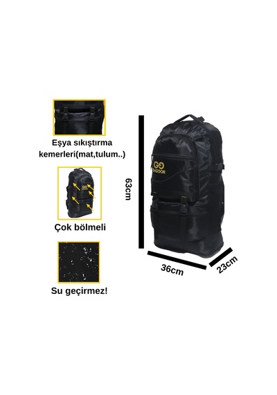 571 Collections Baggor 65 Litre Körüklü Siyah Su Geçirmez Çok Gözlü Laptop Bölmeli Erkek Bayan Okul-kampçı-seyahat-dağcı-outdoor-trekking Sırt Çantası Siyah Açık Altın