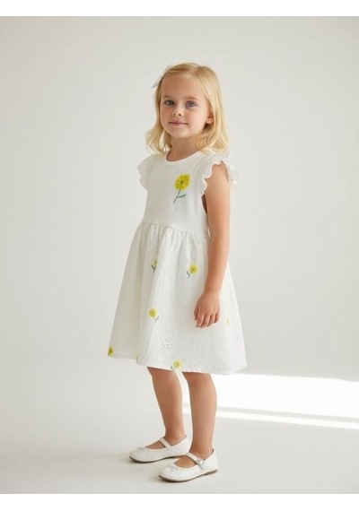 Zekids Kız Çocuk Pamuklu Çiçek Desenli Elbise-17234 BEYAZ