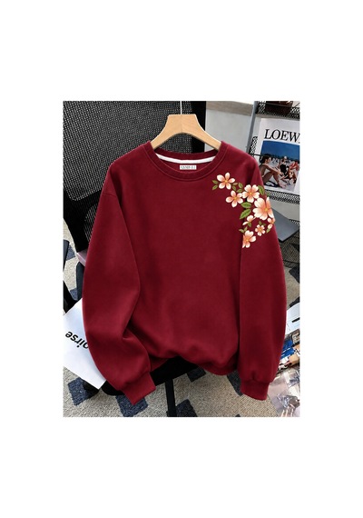 Esade Kadın Beyaz Sarı Çiçek Kol Baskılı Rahat Kalıp Bisiklet Yaka Bordo Sweatshirt Bordo