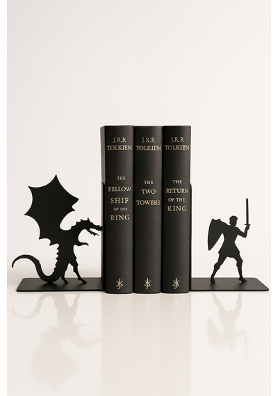 Ejderha Ve Savaşçı Figürlü Metal Kitap Tutucu 2 Li Set Fantastik Dekoratif Kitaplık Aksesuarı