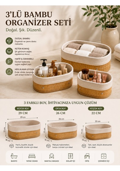 3'lü Bambu Organizer Sepeti İçi Kumaş Mutfak Banyo Dolap İçi Düzenleyici Sepetleri