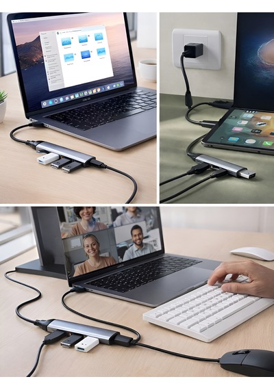 Usb-c Hub 4in1 Dönüştürücü 2x Usb 2x Type-c Alüminyum Çevirici Tak Çalıştır Çoklayıcı 1pcs