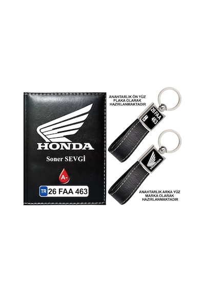 Plakanıza Özel Honda Motor Logolu Siyah Ruhsat Kabı Ve Anahtarlık
