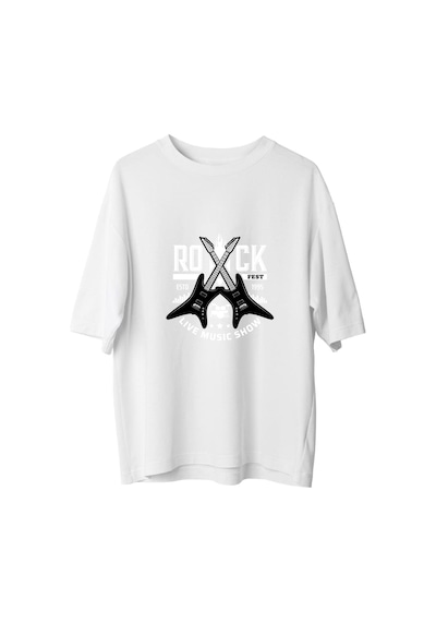 Paybuy Erkek Oversize Tişört Rock Fest Müzik Gösterisi Çapraz Gitar Bask Beyaz