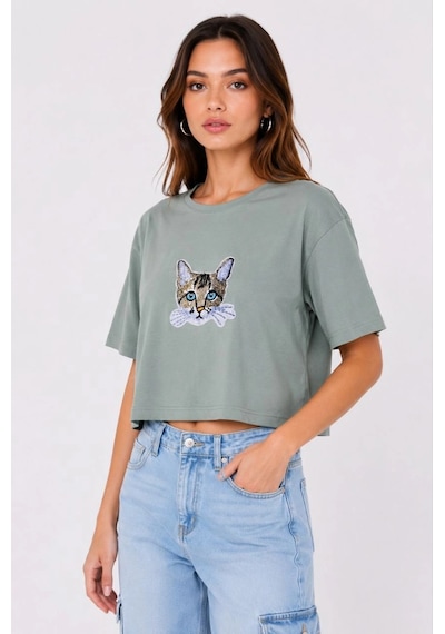 Primemagazam Kadın Kedi Baskılı Oversize Crop Tişört Salaş Basic Yarım Kol T-shirt - Mint Yeşili Çeşitli