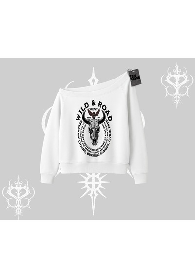 Startmore Kayık Yaka Sweatshirt Wild & Road Western Skull Biker Street Culture Beyaz