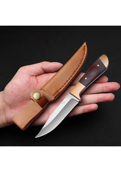 Valkyrie Paslanmaz Çelik Kamp Bıçağı 16 Cm Outdoor Av Bıçağı Deri Kılıflı Kompakt Bıçak Kahve Kahverengi