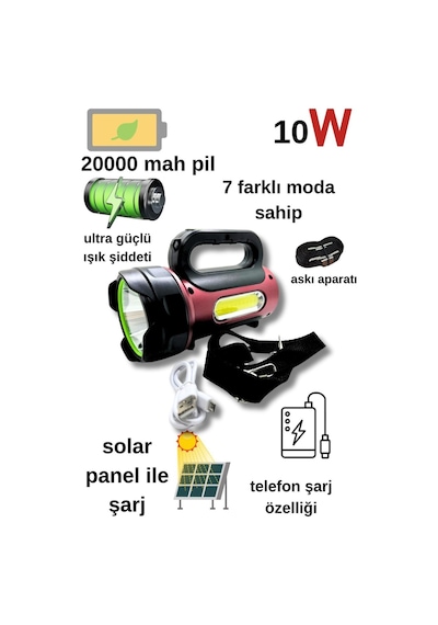 10w Uzun Menzilli Solar Panelli Powerbank Usb Çıkış S.o.s Lu Ultra Güçlü Ledli Şarjlı Feneri Siyah