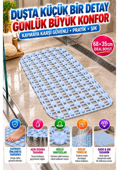 Crystal Kaymaz Vantuzlu Banyo Paspası Mavi 68x35 Cm Islak Zemin Kaydırmaz Küvet Duşakabin Pvc Matı