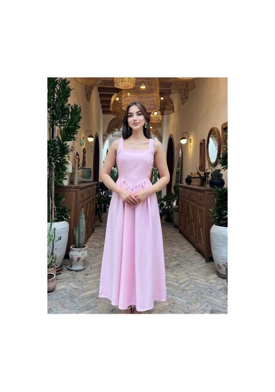 Moda Banuş Pembe Taş Baskılı A Kesim Bağcıklı Elbise-dar Kalıp