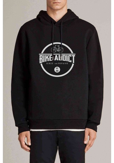 Bike Addict Logo Baskılı Siyah Erkek Örme Kapşonlu Sweatshirt