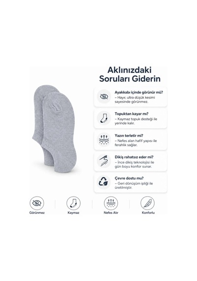 Genel Kadın Görünmez Sneaker Babet Çorap 6'lı Geri Dönüşüm İplikli, Nefes Alan, Siyah Gri 6'lı / 36-40