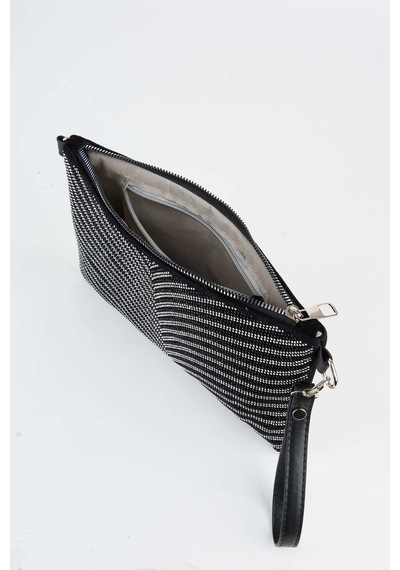 Vivaq Kadın Zebra Gümüş Taşlı Süet Bilek Askılı Ve Zincir Askılı Portföy El Ve Clutch Çanta SİYAH