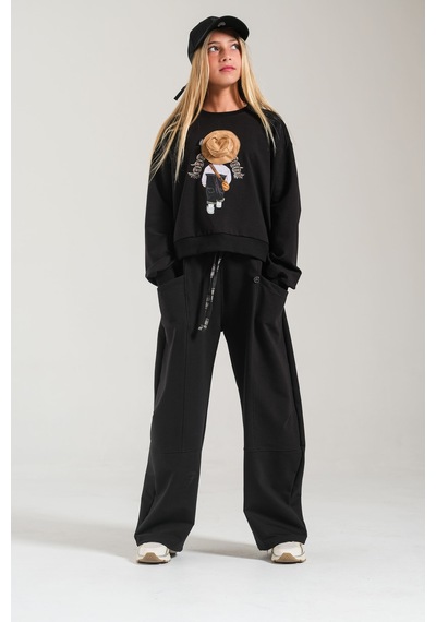 Loco Loco Siyah Baskılı Şapka Aksesuarlı Çocuk Sweatshirt