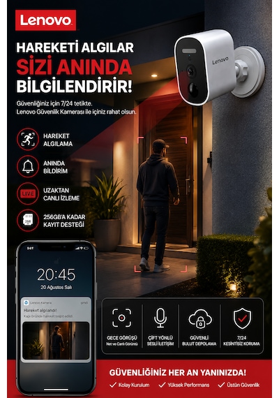 Lenovo 5mp Wifi Adaptörlü Uzaktan İzlenebilen Gece Görüşlü Hareket Algılamalı Güvenlik Kamerası