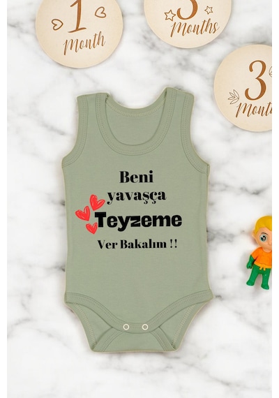 Bebetospik %100 Pamuklu Beni Yavaşça Teyzeme Ver Baskılı Yumuşak Doku Baskılı Zıbın & Body Haki