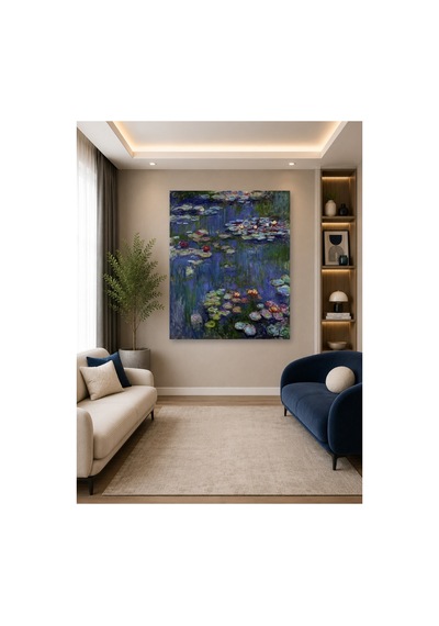 Tam Renk Claude Monet Nilüferler Oda Dekorasyon Dekoratif Kanvas Duvar Tablosu Mavi
