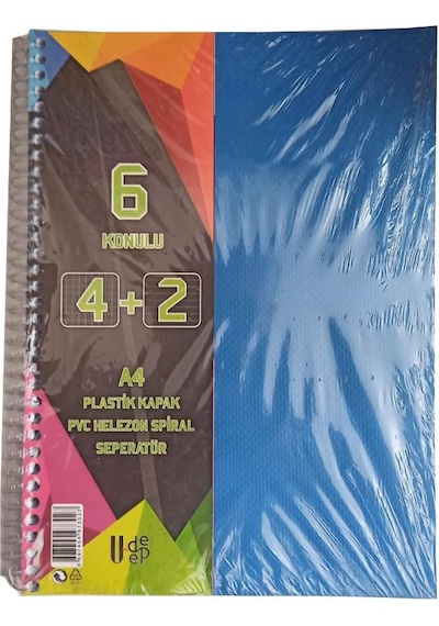 4+2 Ayraçlı Defter 6 Konulu 150 Yaprak 1 Adet 4 Kareli 2 Çizgili Spralli Plastik Kapak Seperatörlü Mavi
