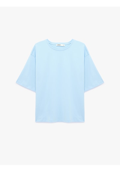 Koton Pamuklu Kısa Kollu Bisiklet Yaka Oversize Basic Tişört Mavi 6sak50364ek