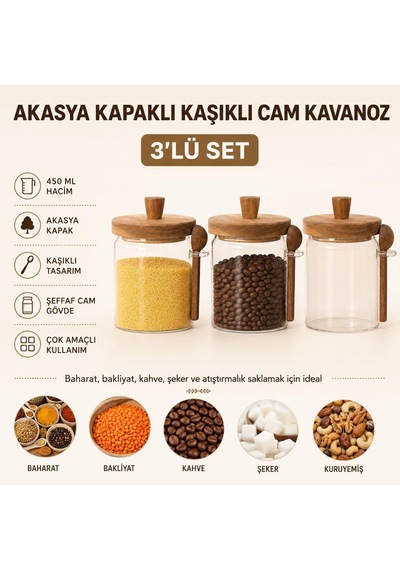Akasya Kapaklı Kaşıklı Cam Kavanoz 450 Ml 3'lü Set, Şeffaf Cam Saklama Kavanozu, Ahşap Kapaklı Kaşıklı Mutfak Düzenleyici, Baharat Kahve Şeker Bakliyat Kuruyemiş Kavanozu Çok Renkli Akasya Kapaklı Kaşıklı Cam Kavanoz 450 Ml 3'lü Set, Şeffaf Cam Saklama Kavanozu, Ahşap Kapaklı Kaşıklı Mutfak Düzenleyici, Baharat Kahve Şeker Bakliyat Kuruyemiş Kavanozu Çok Renkli
