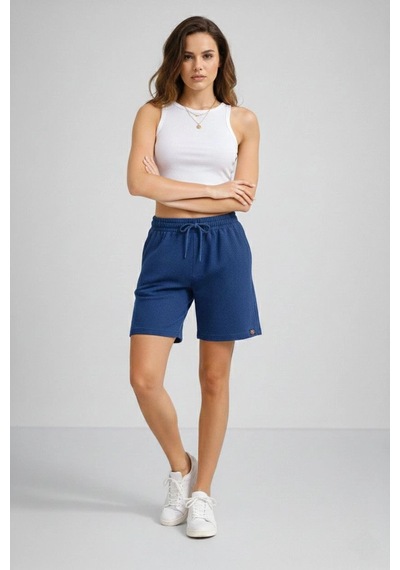 Wear Vexel Kadın Dokuma Otoban Şort Beli Lastikli Bağcıklı Cepli Kesim Şort - İndigo Çok Renkli