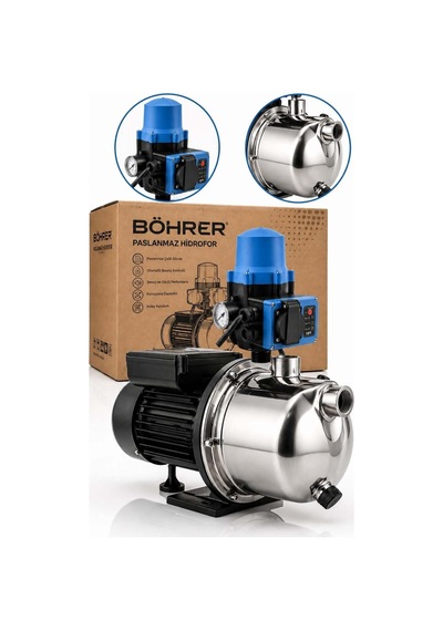 Böhrer Ba0115374 Jet750sc Paslanmaz Çelik Hidrofor Su Pompası Otomatik Basınç Kontrollü, Manometreli, Ses