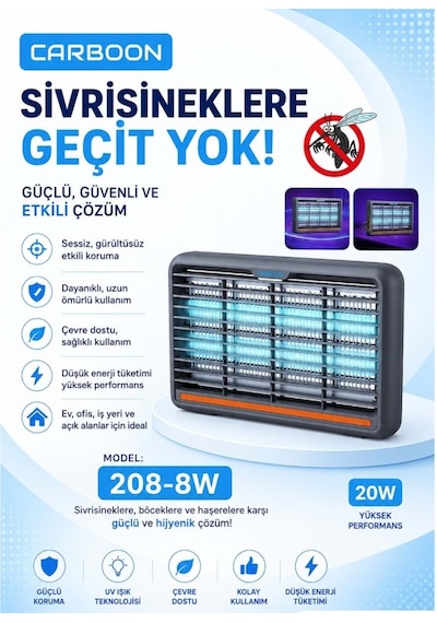 Carboon 208-8w 20w Elektrikli Sinek Öldürücü Cihaz Cız Lamba Mor Işık Elektrikli Sivrisinek Tuzağı