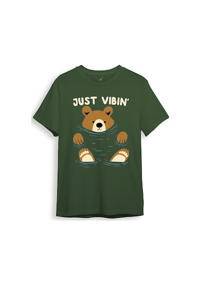 Just Vibin Sevimli Ayıcık Baskılı Regular Fit %100 Pamuk Haki T-shirt Haki