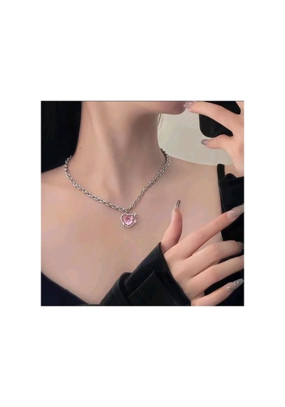 Lunarie Kalın Zincirli Pembe Kalp Kolye Gümüş Renk Kararmaz Çelik