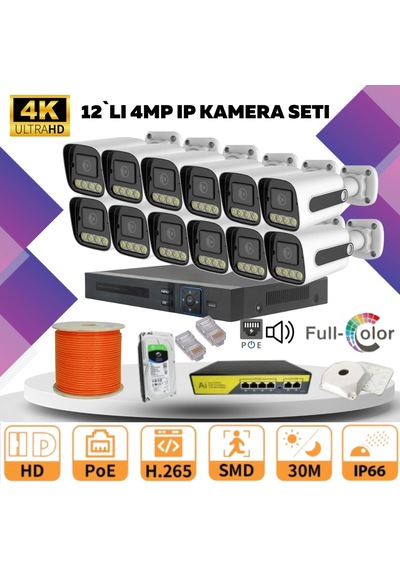 12'li Güvenlik Ip Kamera Seti - 4mp Dış Mekan Kamera, 3.6mm Lens, H.265, Poe, Warm Led Gece Görüşlü